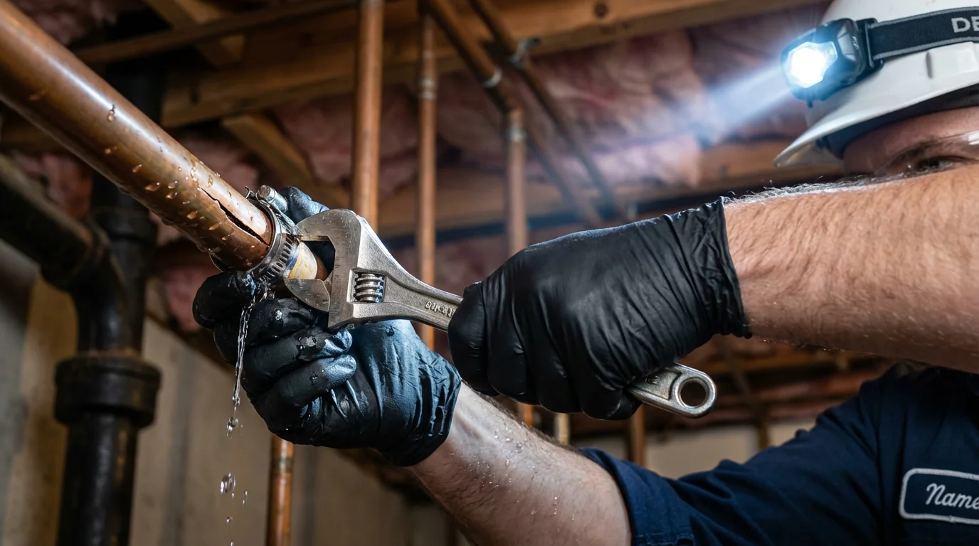 Emergency pipe clamp repair being performed by a Johns Plumbing LLC plumber in Bull Shoals