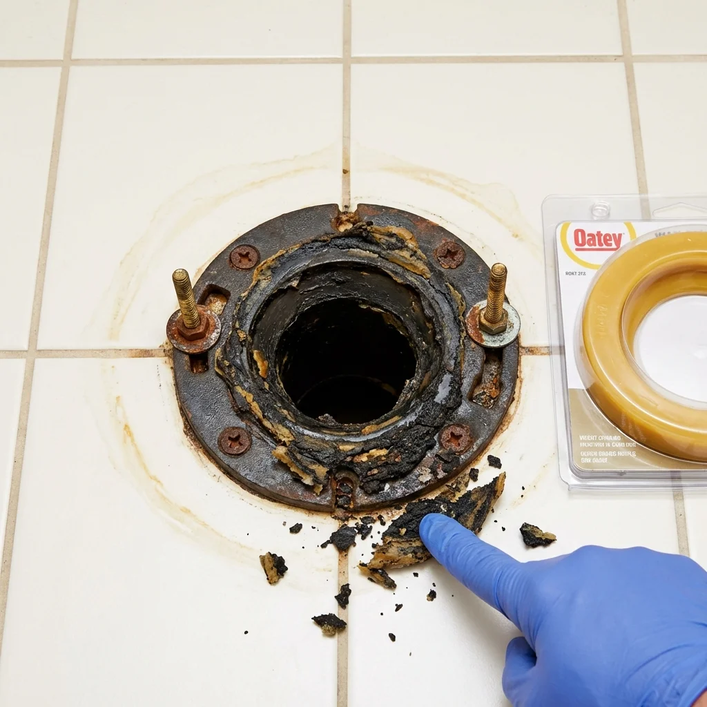 Failed wax ring showing water seepage at the base of a toilet in a Bull Shoals, AR home