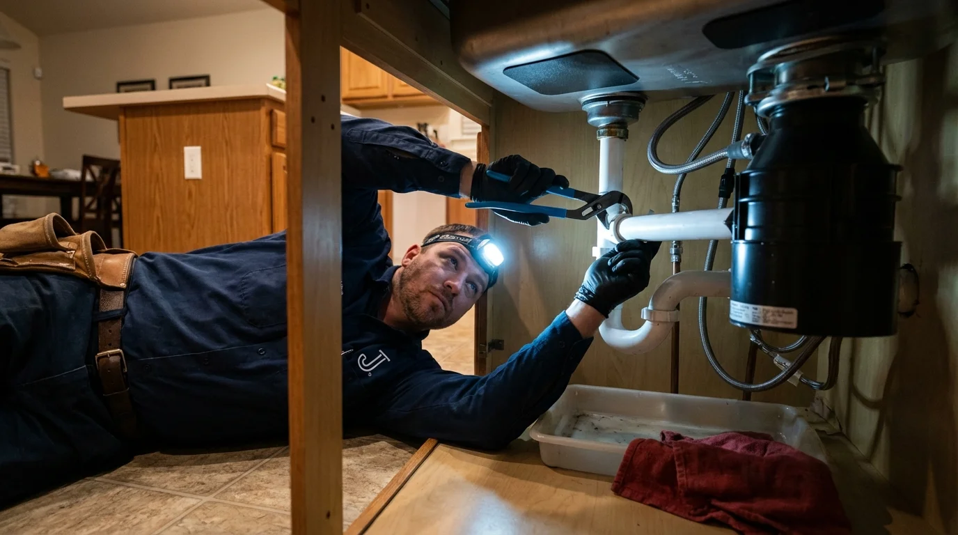 P-trap and supply line connections under a kitchen sink showing a common leak point in Bull Shoals, AR